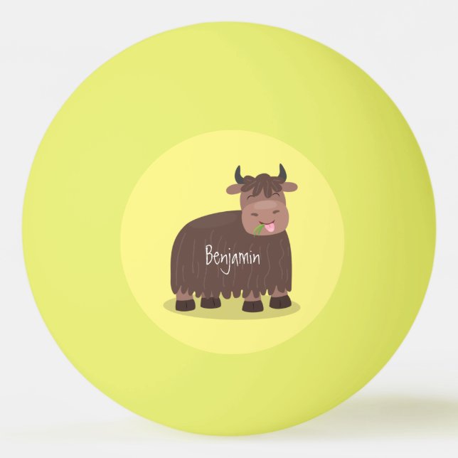 Funny happy yak eating grass cartoon illustration ping pong ball (Front)