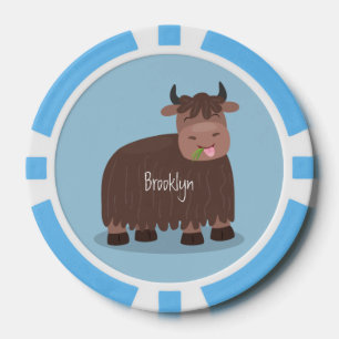 Funny happy yak eating grass cartoon illustration poker chips
