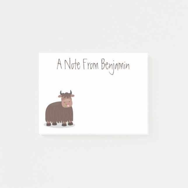 Funny happy yak eating grass cartoon illustration post-it notes (Front)