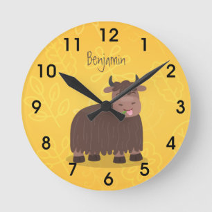 Funny happy yak eating grass cartoon illustration round clock
