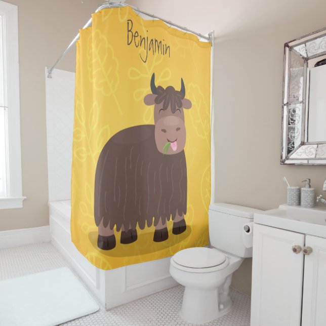 Funny happy yak eating grass cartoon illustration shower curtain (In Situ)