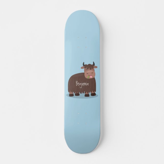 Funny happy yak eating grass cartoon illustration skateboard (Front)
