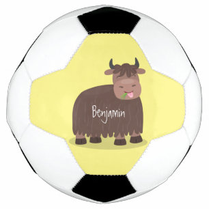 Funny happy yak eating grass cartoon illustration soccer ball