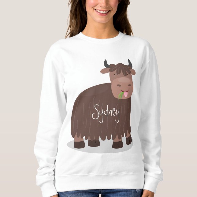 Funny happy yak eating grass cartoon illustration sweatshirt (Front)