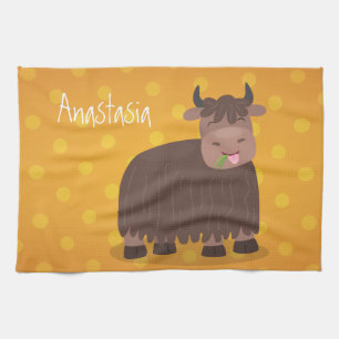 Funny happy yak eating grass cartoon illustration tea towel