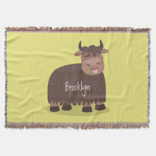 Funny happy yak eating grass cartoon illustration throw blanket