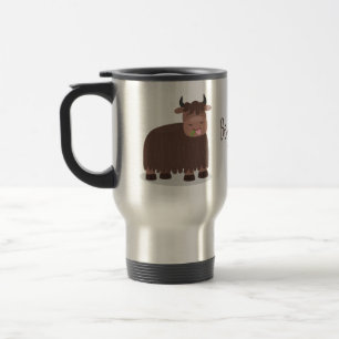 Funny happy yak eating grass cartoon illustration travel mug
