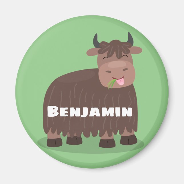 Funny happy yak eating grass cartoon magnet (Front)