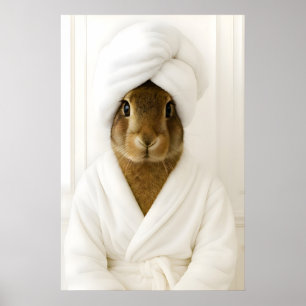 Funny Hare Bathroom Print, Rabbit In Bathrobe Poster