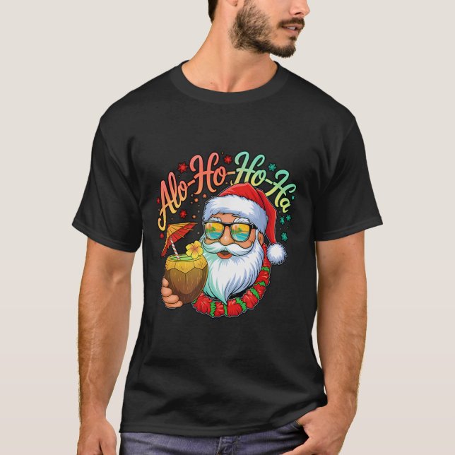 Funny Hawaiian Alo-ho-ho-ha Santa Surfing Christma T-Shirt (Front)
