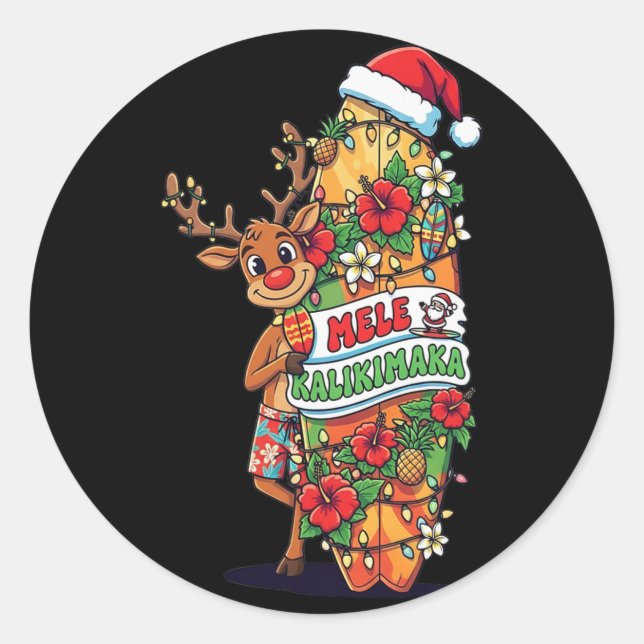 Funny Hawaiian Christmas Mele Kalikimaka Reindeer  Classic Round Sticker (Front)