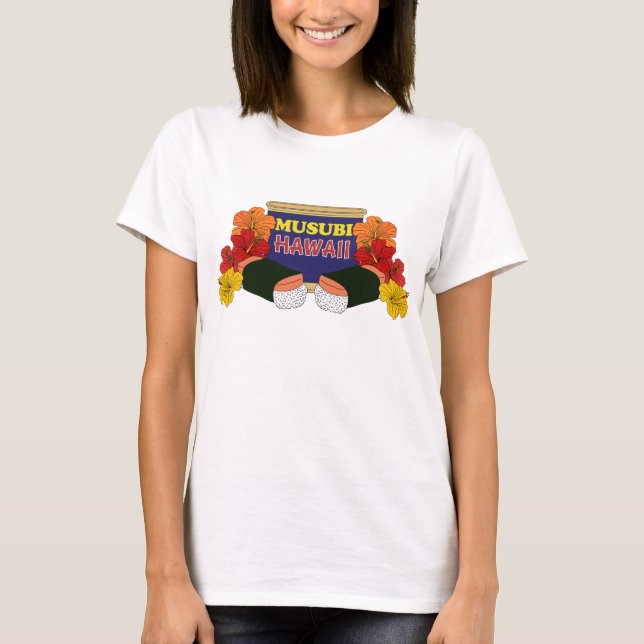 Funny Hawaiian Musubi and Hibiscus Flowers T-Shirt (Front)
