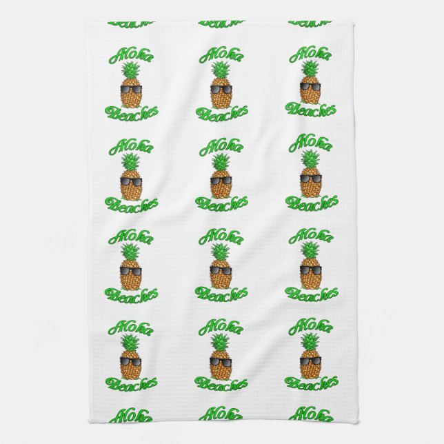 Funny Hawaiian Pineapple Aloha Beaches Tea Towel (Vertical)