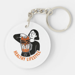 Funny Healthy Lifestyle Burger Blender Linocut Key Ring