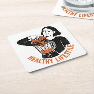 Funny Healthy Lifestyle Burger Blender Linocut Square Paper Coaster