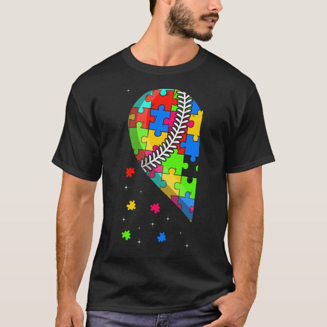 Funny Heart Baseball Autism Awareness Support Love T-Shirt (Front)