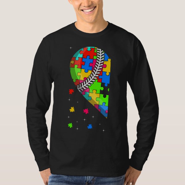 Funny Heart Baseball Autism Awareness Support Love T-Shirt (Front)