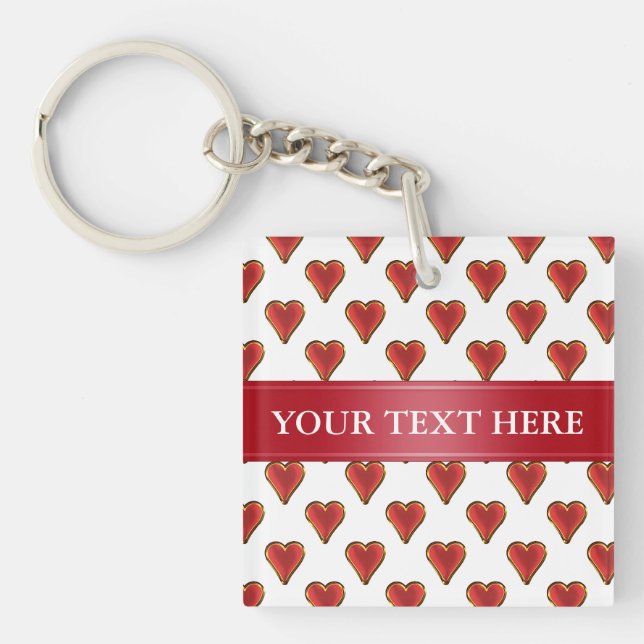 Funny Heart Pattern gold red + your backgr. & text Key Ring (Front)