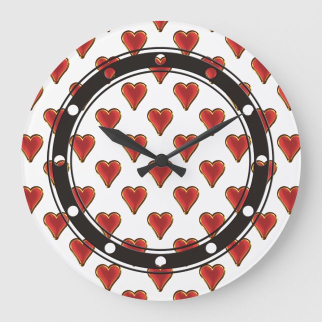 Funny Heart Pattern gold red + your backgr. & text Large Clock (Front)