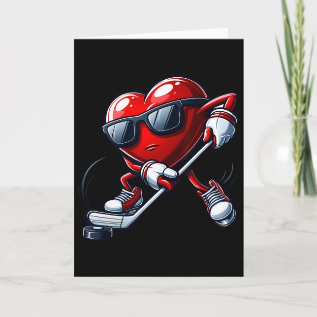 Funny Heart Playing Hockey Valentines Day Mens Boy Card (Front)