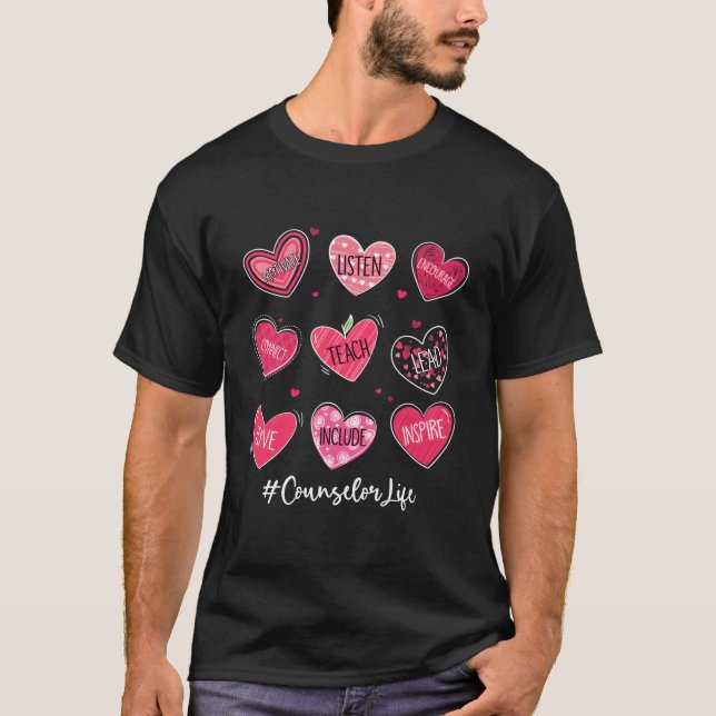 Funny Hearts Teach Love Inspire Counsellor Life Va T-Shirt (Front)