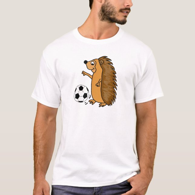 Funny Hedgehog Playing Soccer or Football Cartoon T-Shirt (Front)