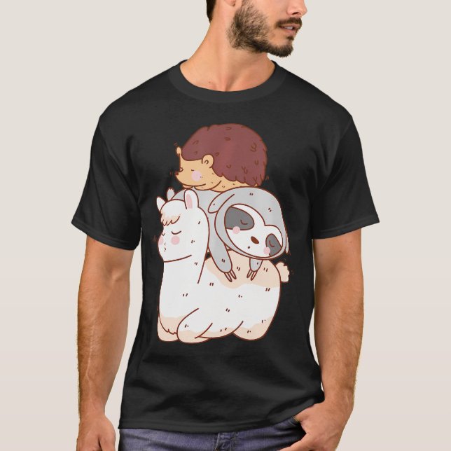 Funny Hedgehog Riding Sloth Riding Llama T-Shirt (Front)