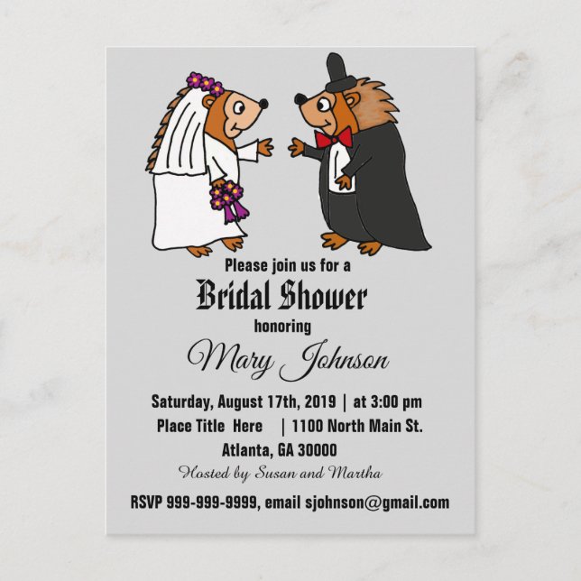 Funny Hedgehog Wedding Cartoon Invitation Postcard (Front)