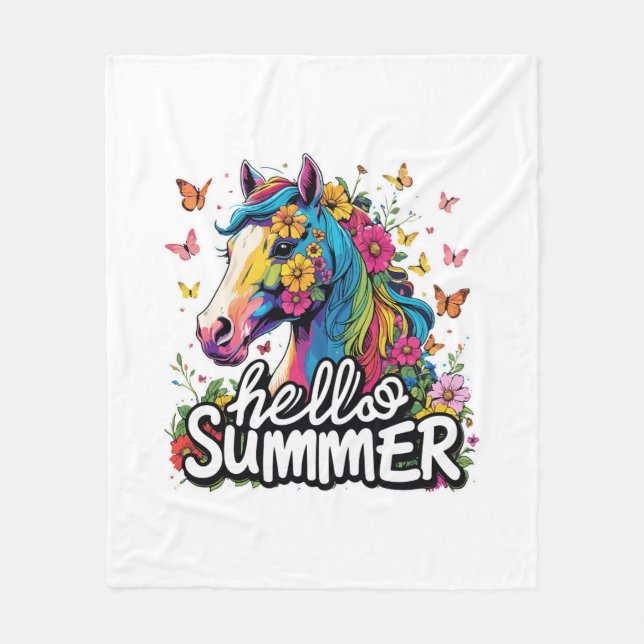 Funny Hello Summer Horse Fleece Blanket (Front)