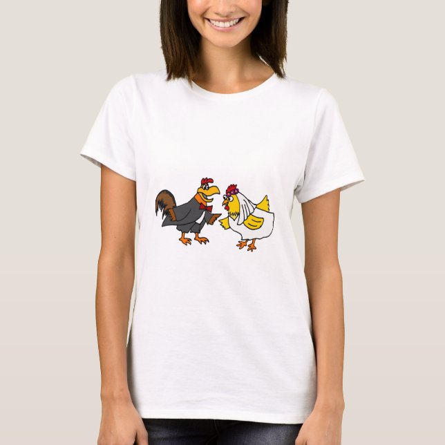 Funny Hen Bride and Rooster Groom Wedding T-Shirt (Front)