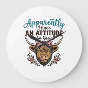 Funny Highland Cow Attitude Vintage Engraving Shir Large Clock