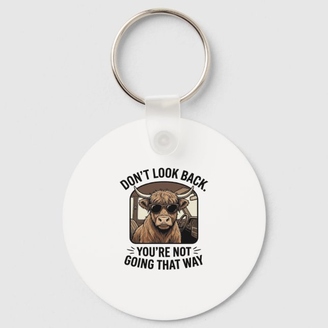 Funny Highland Cow Don’t Look Back Retro Key Ring (Front)