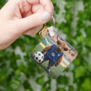 Funny Highland Cow Dressed For Soccer, Key Ring