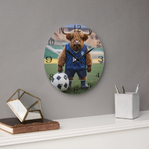Funny Highland Cow Dressed For Soccer, Large Clock