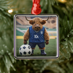 Funny Highland Cow Dressed For Soccer, Metal Tree Decoration
