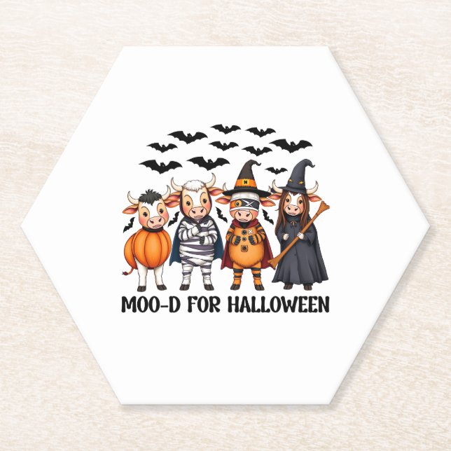 Funny Highland Cow Moo-d for Halloween Paper Coaster (Front)