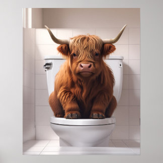 Funny Highland Cow on the Toilet Bathroom Poster