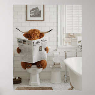 Funny Highland Cow Sitting on the Toilet Bathroom Poster