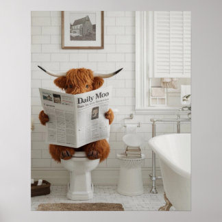 Funny Highland Cow Sitting on the Toilet Bathroom Poster