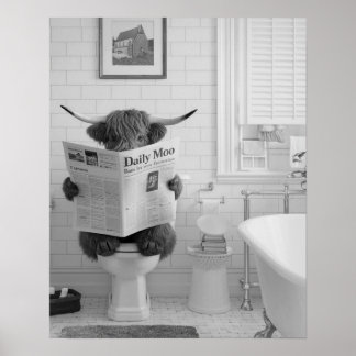 Funny Highland Cow Sitting on the Toilet Bathroom Poster
