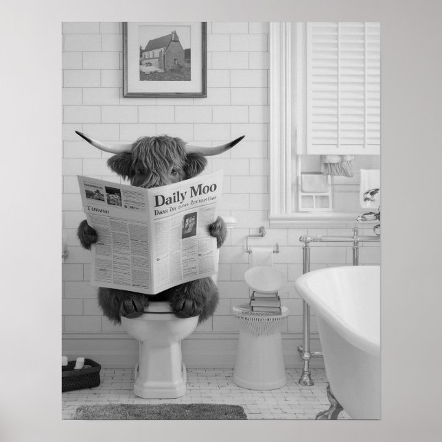 Funny Highland Cow Sitting on the Toilet Bathroom Poster (Front)