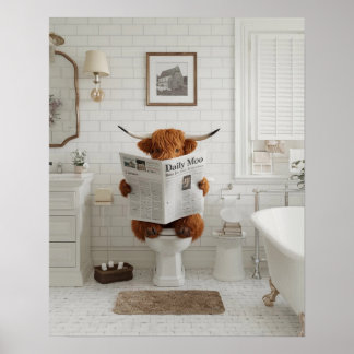 Funny Highland Cow Sitting on the Toilet Bathroom Poster