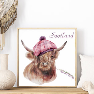 Funny Highland Cow Tartan Cap Scotland Animal Art  Poster