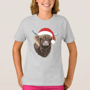 Funny Highland Cow Wearing A Christmas Santa Hat T-Shirt
