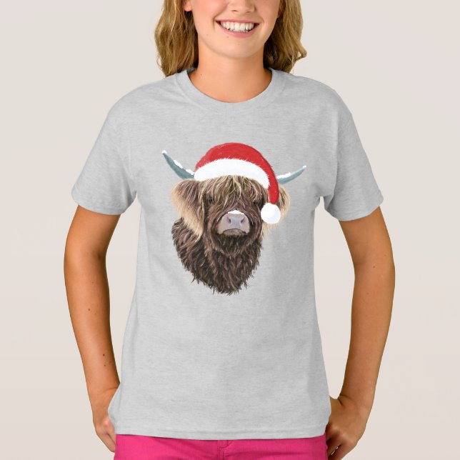 Funny Highland Cow Wearing A Christmas Santa Hat T-Shirt (Front)
