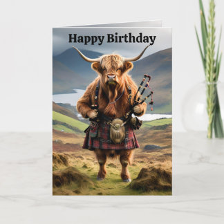 Funny Highland Cow With Bagpipes, Birthday Card