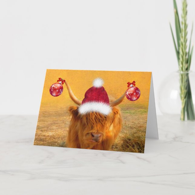 Funny Highland Steer Christmas Holiday Card (Front)