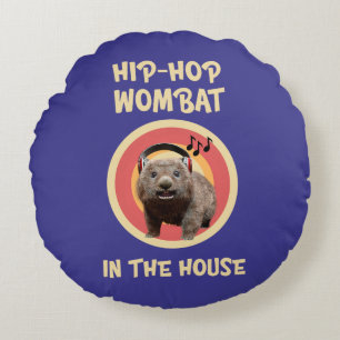 Funny Hip-hop Wombat in the House Round Cushion