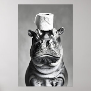 Funny Hippo Bathroom Art Print, Toilet Paper Hat Poster