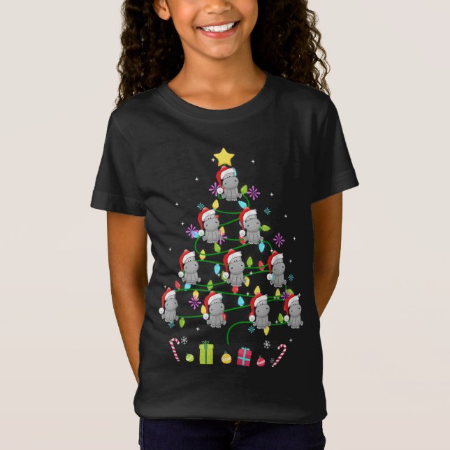 Funny Hippo Christmas Tree Colour Led Light T-Shirt (Front)